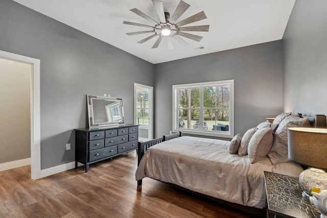 bedroom featuring ceiling fan and wood-type flooring