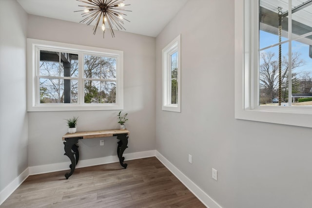 interior space with a notable chandelier and hardwood / wood-style flooring