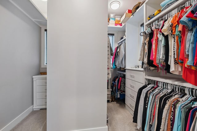 walk in closet with light carpet