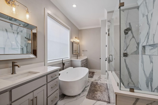 bathroom featuring crown molding, vanity, and separate shower and tub