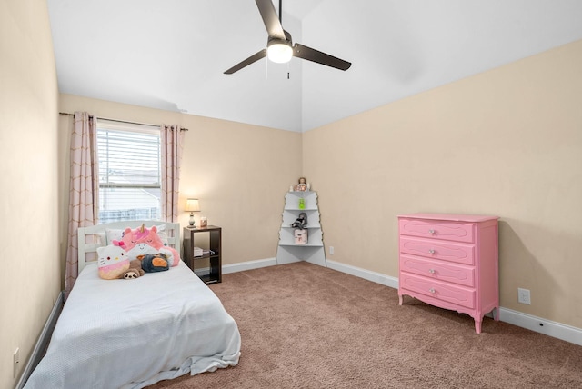 bedroom with lofted ceiling, carpet floors, and ceiling fan