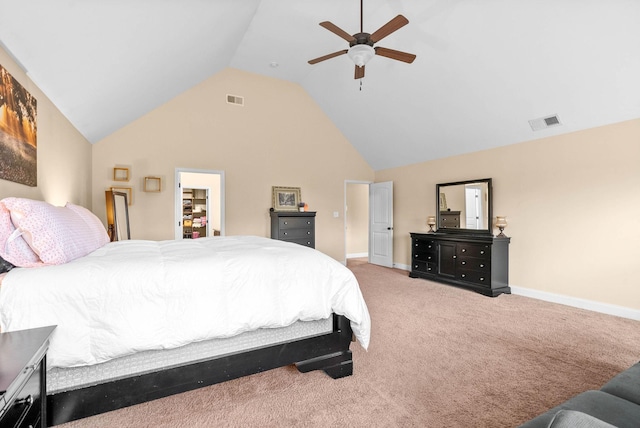 carpeted bedroom featuring ceiling fan and lofted ceiling