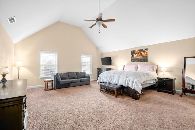 bedroom featuring high vaulted ceiling, ceiling fan, and carpet