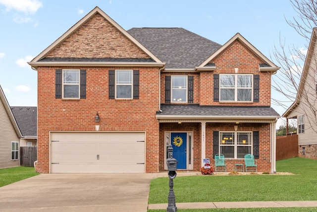 view of front of property featuring a garage, covered porch, and a front lawn