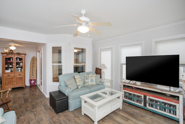 living room featuring crown molding, dark wood-type flooring, and ceiling fan