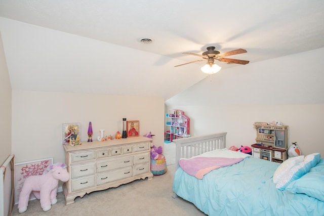 bedroom featuring lofted ceiling, light carpet, and ceiling fan