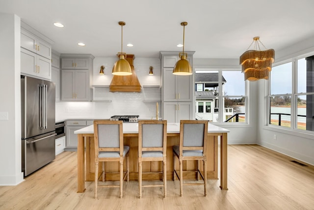 kitchen with visible vents, appliances with stainless steel finishes, gray cabinets, light countertops, and light wood-style floors