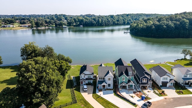 bird's eye view with a water view, a residential view, and a view of trees