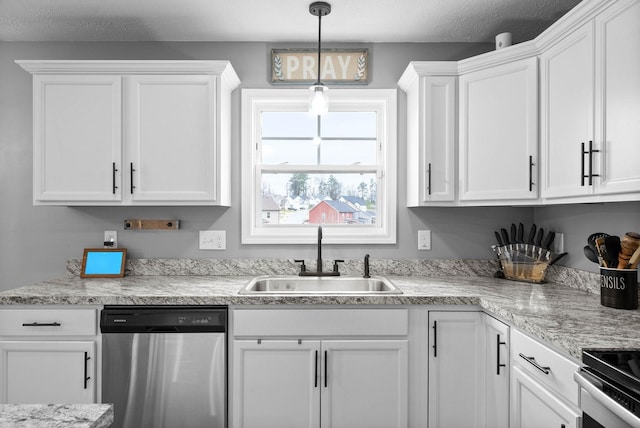 kitchen with sink, decorative light fixtures, stainless steel dishwasher, light stone countertops, and white cabinets