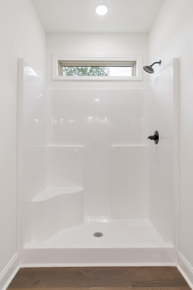 bathroom featuring wood-type flooring and walk in shower