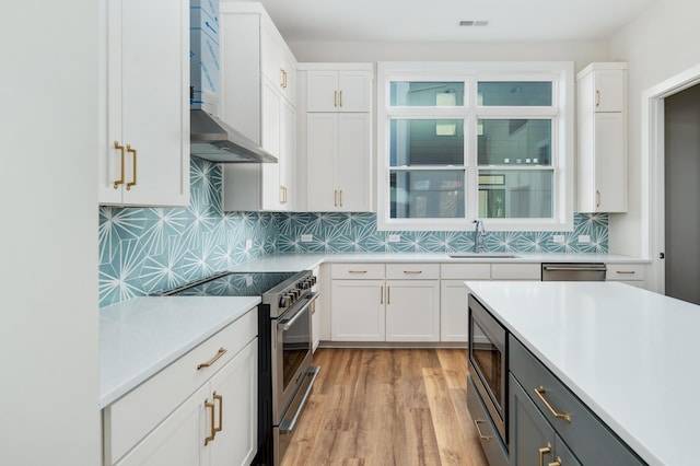 kitchen with wall chimney exhaust hood, sink, tasteful backsplash, stainless steel appliances, and white cabinets