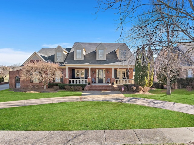 cape cod-style house with covered porch and a front lawn