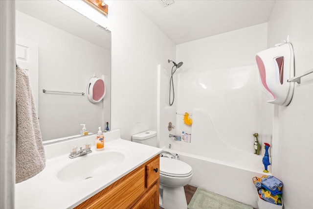 full bathroom with  shower combination, toilet, and vanity