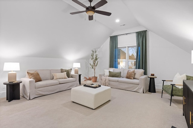 carpeted living room featuring lofted ceiling and ceiling fan