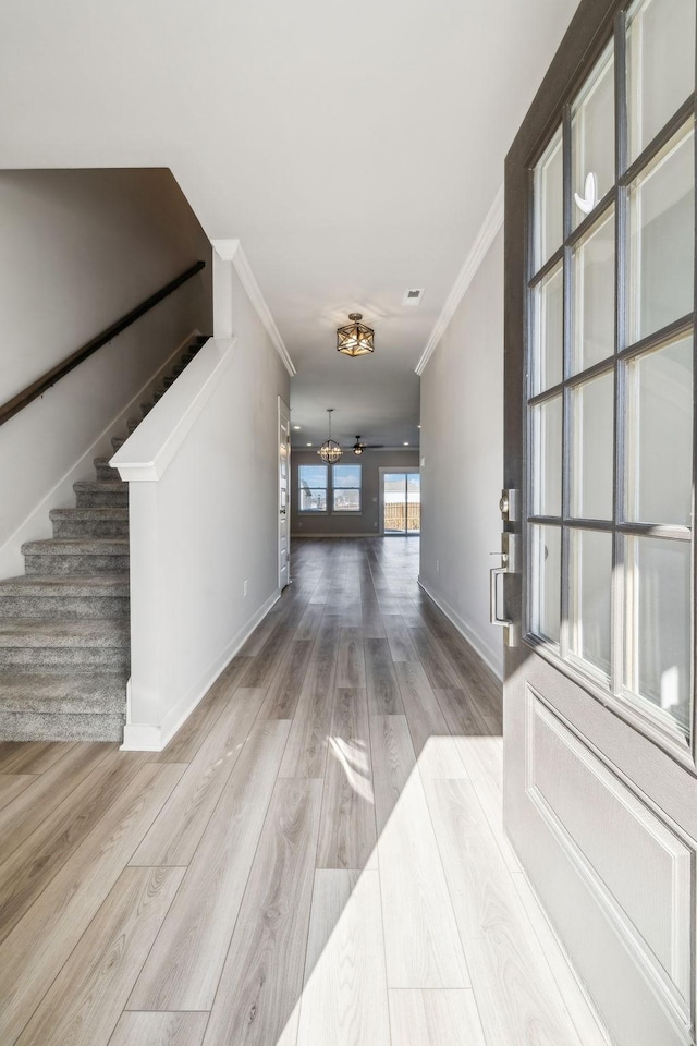 entrance foyer featuring crown molding, ceiling fan, and light wood-type flooring