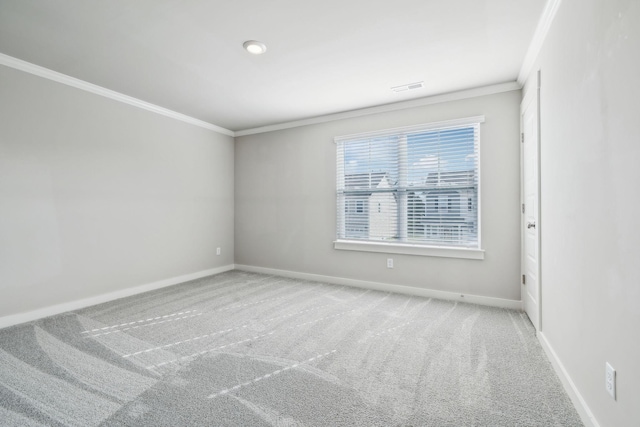 unfurnished room featuring crown molding and carpet flooring