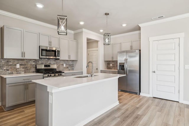 kitchen featuring stainless steel appliances, a center island with sink, sink, and pendant lighting