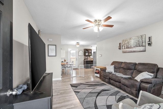 living room featuring ceiling fan and light wood-type flooring