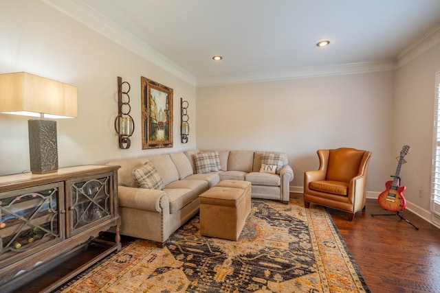 living room with ornamental molding and dark hardwood / wood-style floors