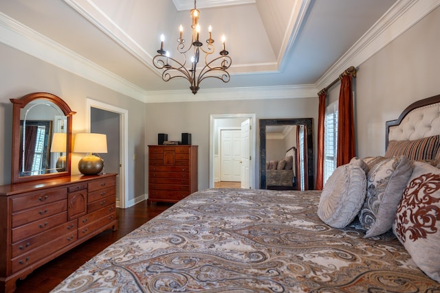 bedroom with ornamental molding, a notable chandelier, and dark hardwood / wood-style flooring