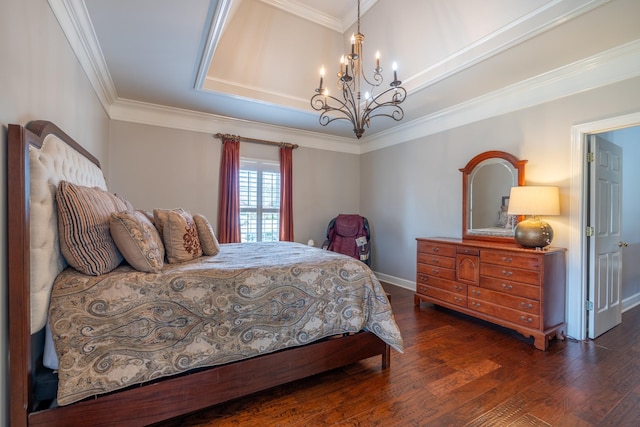 bedroom featuring dark wood-type flooring, crown molding, and a chandelier