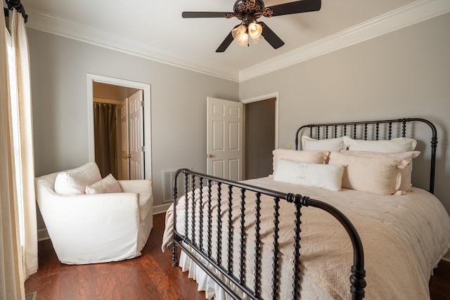 bedroom featuring crown molding, ceiling fan, and dark hardwood / wood-style flooring