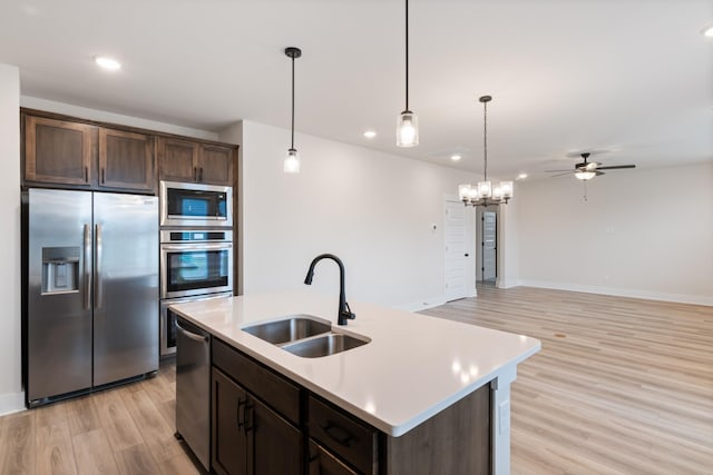 kitchen featuring a center island with sink, appliances with stainless steel finishes, sink, pendant lighting, and dark brown cabinets