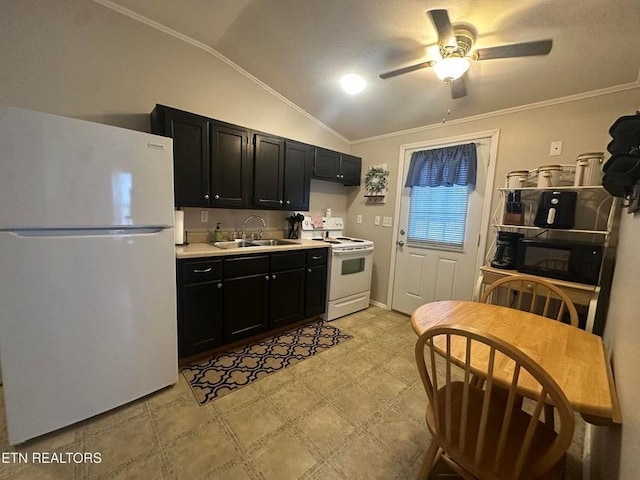 kitchen with sink, crown molding, white appliances, ceiling fan, and vaulted ceiling