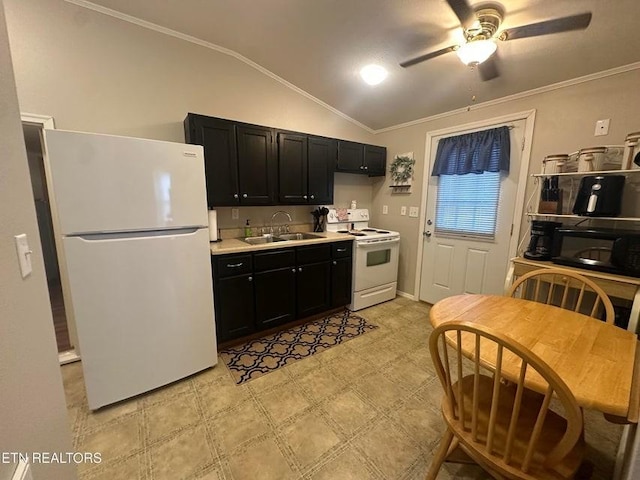 kitchen with lofted ceiling, sink, crown molding, ceiling fan, and white appliances