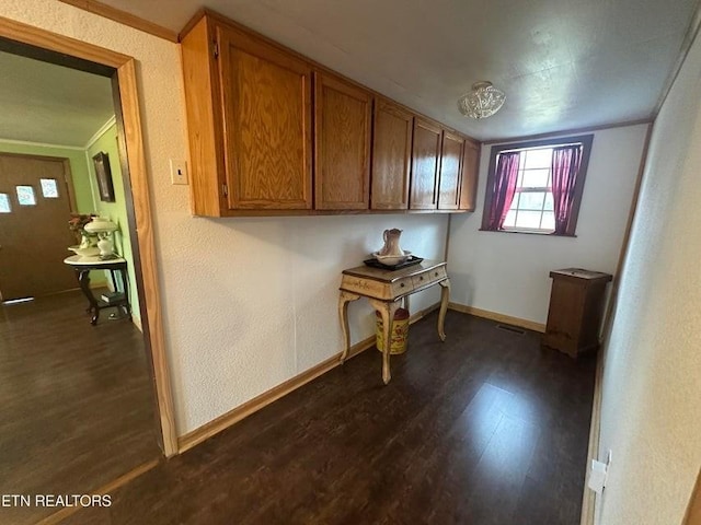 laundry area with dark hardwood / wood-style flooring