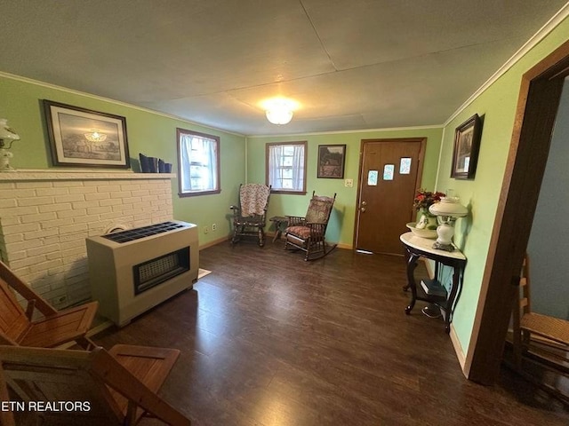 sitting room with heating unit, dark hardwood / wood-style flooring, and ornamental molding