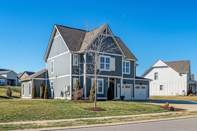 view of front of property featuring board and batten siding, concrete driveway, a shingled roof, and a front lawn