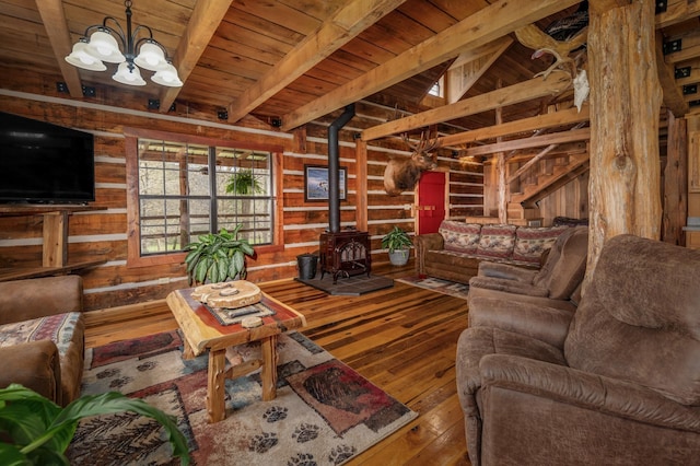 living room featuring wood ceiling, hardwood / wood-style flooring, beam ceiling, wooden walls, and a wood stove