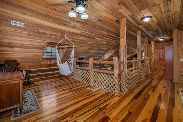 interior space with wood ceiling, dark hardwood / wood-style flooring, and wood walls