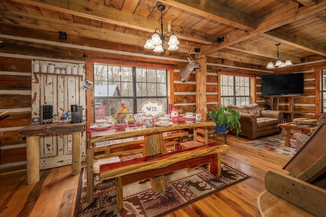 dining space with hardwood / wood-style floors, wooden walls, wooden ceiling, and a chandelier