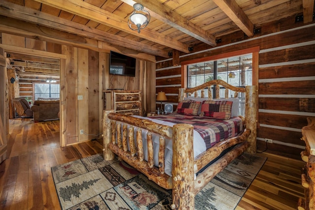 bedroom with dark hardwood / wood-style floors, wooden walls, wooden ceiling, and beam ceiling