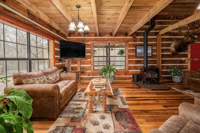 living room with wood walls, wooden ceiling, wood-type flooring, and a wood stove