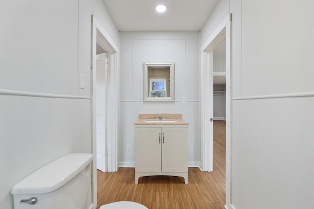 bathroom featuring vanity, toilet, and wood-type flooring