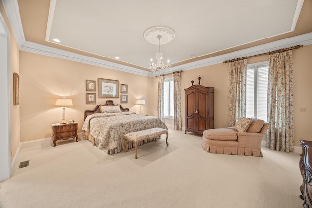 carpeted bedroom featuring an inviting chandelier, crown molding, and a raised ceiling