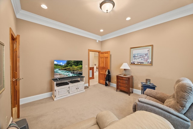 living room featuring light carpet and crown molding