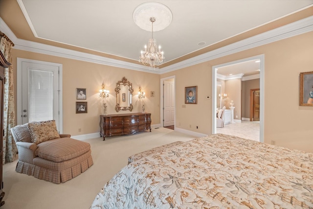 bedroom with an inviting chandelier, connected bathroom, light carpet, and ornamental molding