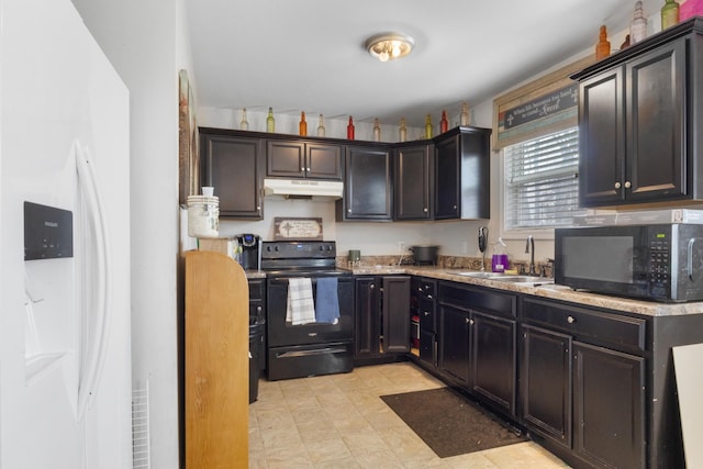 kitchen featuring dark brown cabinetry, sink, and black appliances