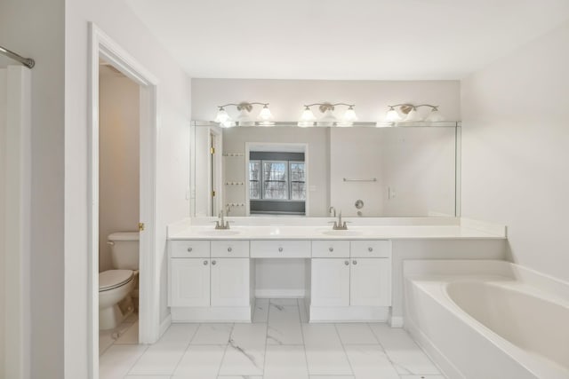 bathroom featuring vanity, a washtub, and toilet