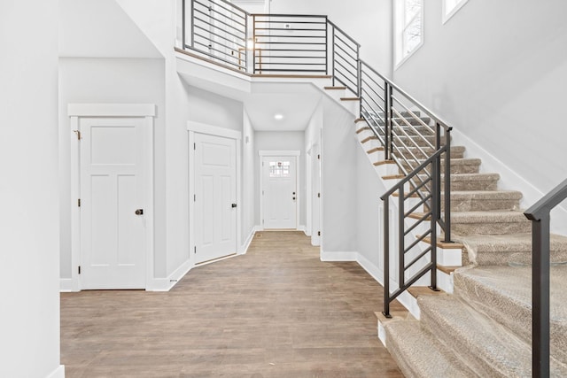 entryway with hardwood / wood-style flooring and a high ceiling