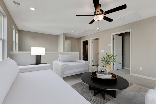 carpeted bedroom featuring ceiling fan