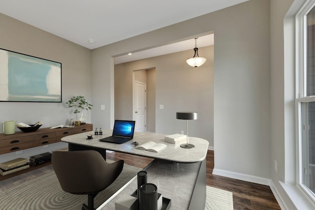 office space with dark hardwood / wood-style floors and a wealth of natural light