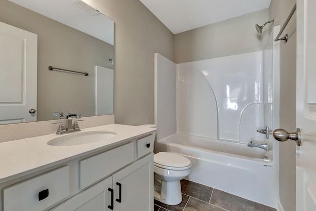 full bathroom with shower / tub combination, vanity, toilet, and tile patterned flooring