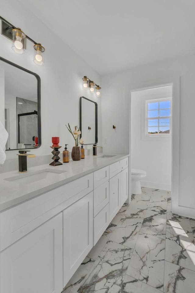 bathroom with vanity, toilet, and walk in shower