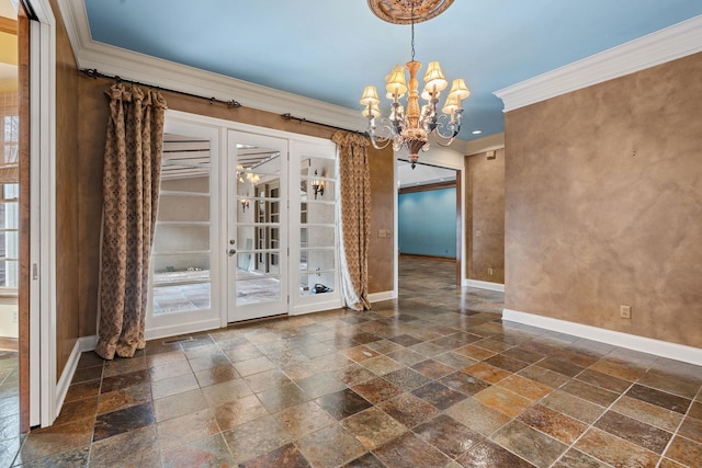 unfurnished dining area featuring a notable chandelier and ornamental molding