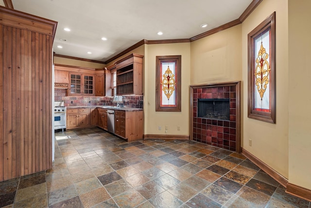 kitchen featuring a fireplace, sink, decorative backsplash, stainless steel appliances, and crown molding